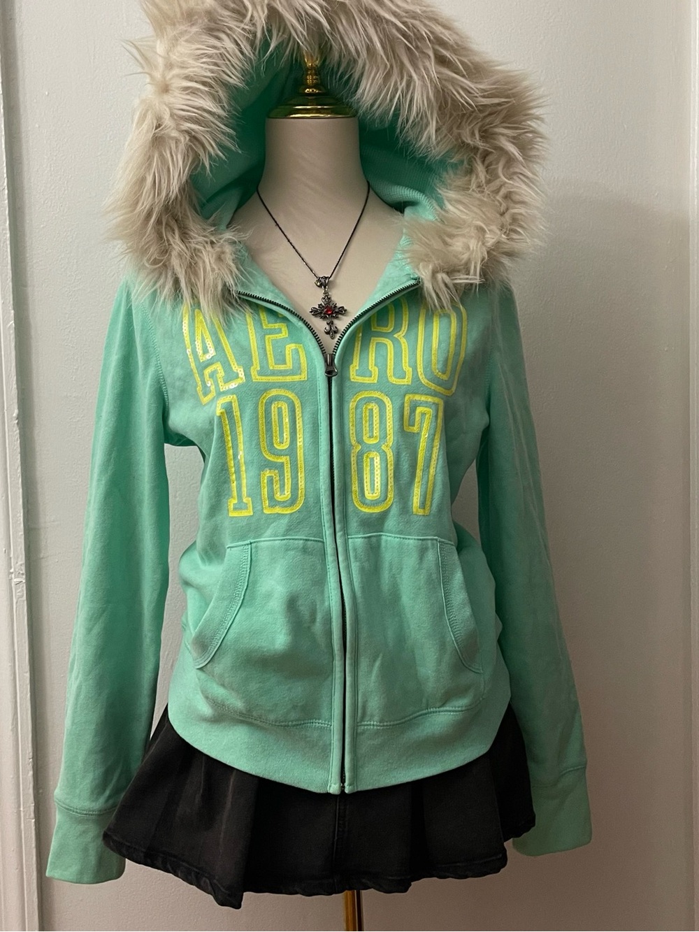 Aeropostale Mint Green Faux-Fur Hooded Zip Jacket with Yellow Graphic